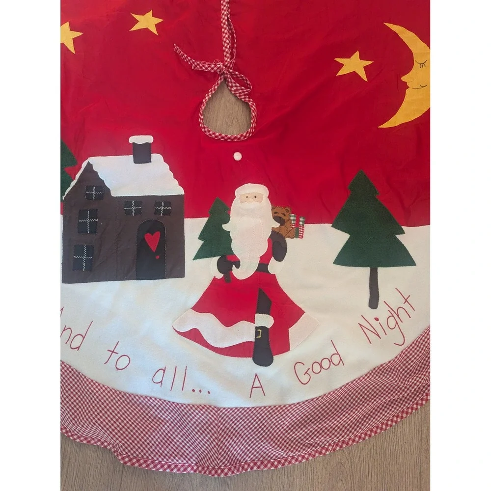 VTG Christmas Tree Skirt Felt Patchwork Applique Gingham Trim  Santa Claus 48'